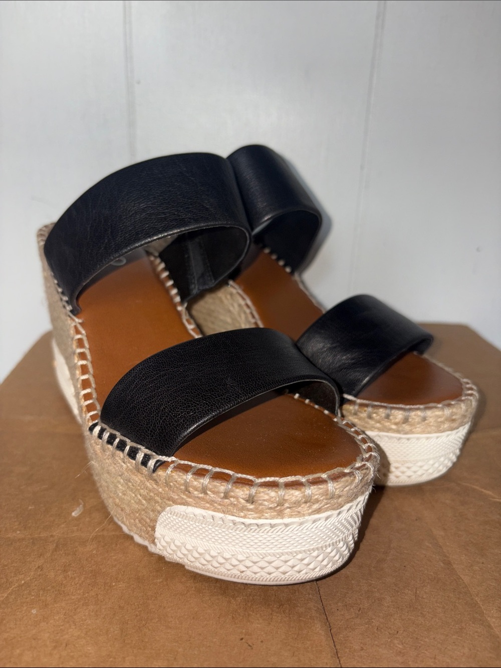 Franco Sarto Black Leather Double-Strap Platform Espadrille Sandals size 6.5M